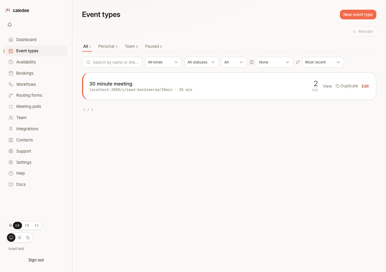 The event-types list — copy your public link, duplicate, or pause from here